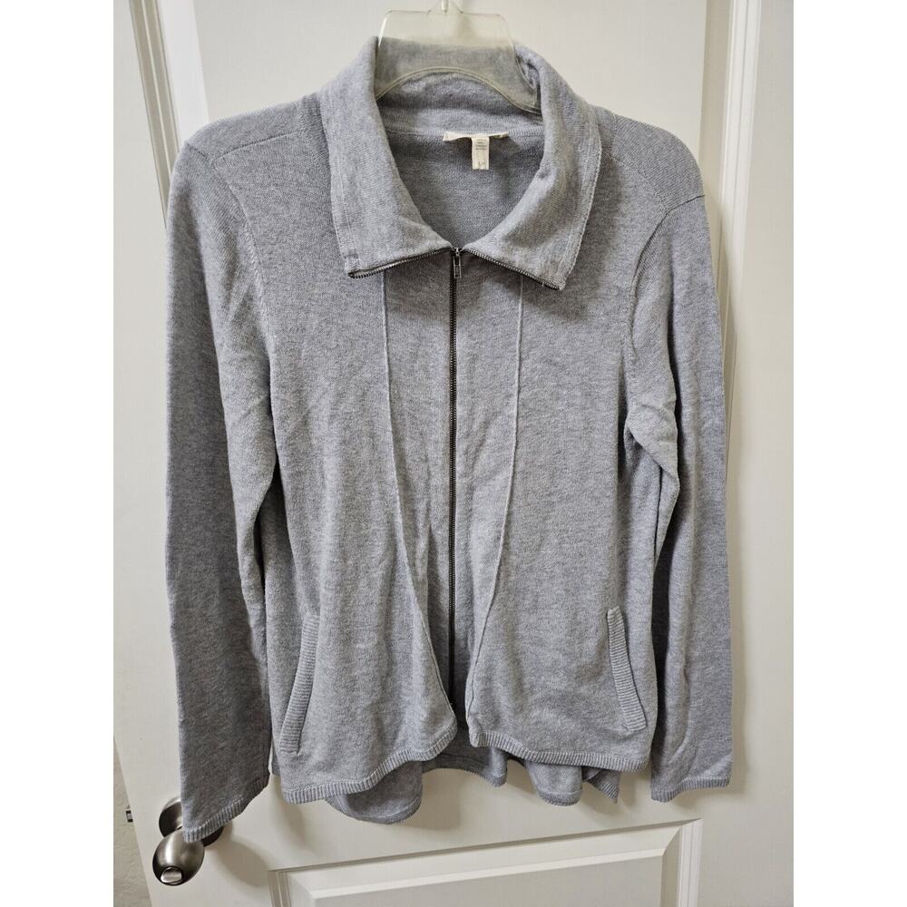Eileen Fisher Women S Organic Cotton Zip Cardigan Sweater Light Grey Curved Hem